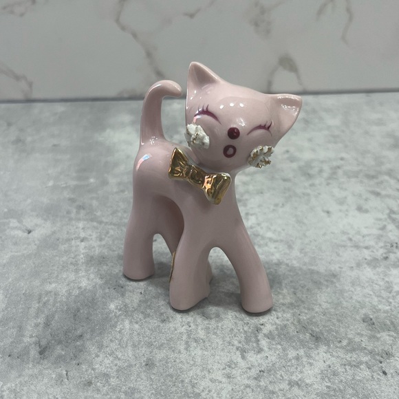Vintage 1950’s Pink Porcelain Thames Spaghetti Cat w tag kitten gold Japan - Picture 3 of 14